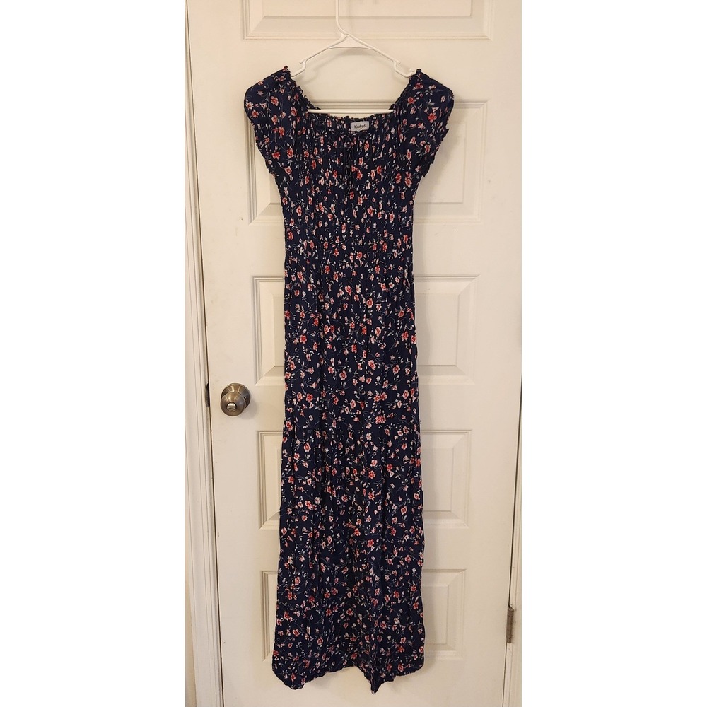 Kindred Navy Blue Floral Smockedā Maxi Dress Red White Botanical Cottagecore L